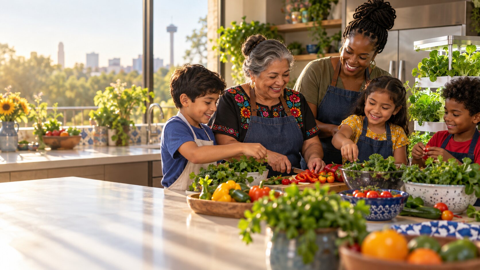 A grandmother, mentor, and children preparing fresh vegetables together beside a hydroponic garden.